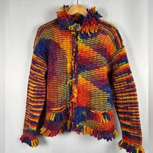 Otavalo Native Handknit Sweater Ecuador Cotton Wool Blend Rainbow Colorful Small
